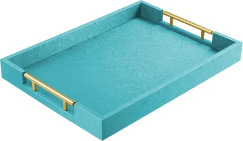 Vista 10 de ATZYmolin - Bandeja de servicio de madera de 17" x 12" con asas de metal dorado pulido, bandeja decorativa de madera rectangular para otomano