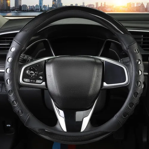 Vista 2 de Funda de cuero sintético para volante de automóvil con agarre antideslizante, para mujeres y hombres, ajuste universal para automóviles, camiones