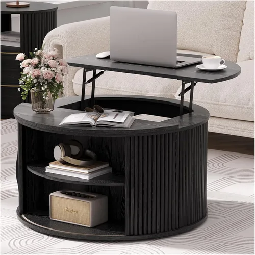 Vista 19 de JOINICE Mesa auxiliar ovalada de 42.5 pulgadas con almacenamiento, moderna mesa central negra con diseño estriado, patas de madera maciza