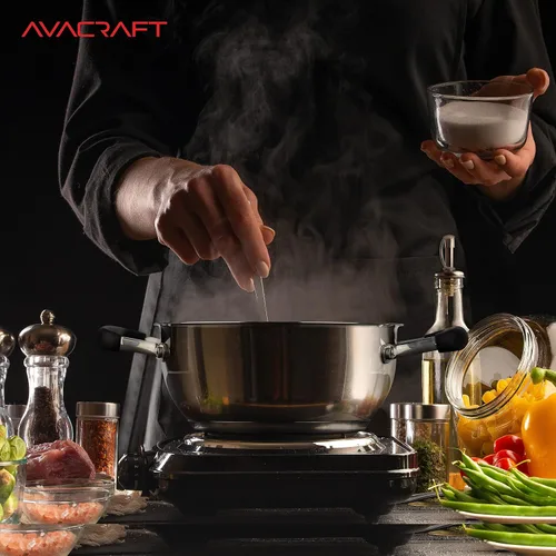 Vista 6 de AVACRAFT Sartén de Acero Inoxidable 18/10 para Uso Diario, Sartén Wok con Base de Cinco Capas, Sartén de Chef con Tapa de Vidrio, Sartén Multiusos