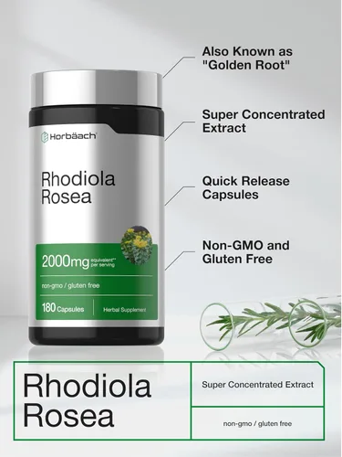 Vista 4 de Horbäach Cápsulas de Rhodiola Rosea 180 unidades Suplemento sin OMG, sin gluten
