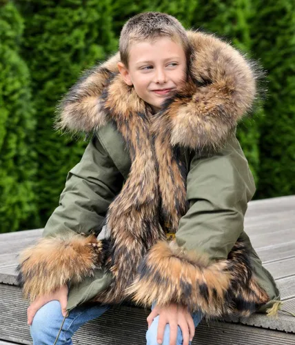 Vista 2 de Aox - Chaqueta unisex de invierno con capucha de piel sintética para niños, chaqueta cálida y gruesa de camuflaje para exteriores, para niñas y niños