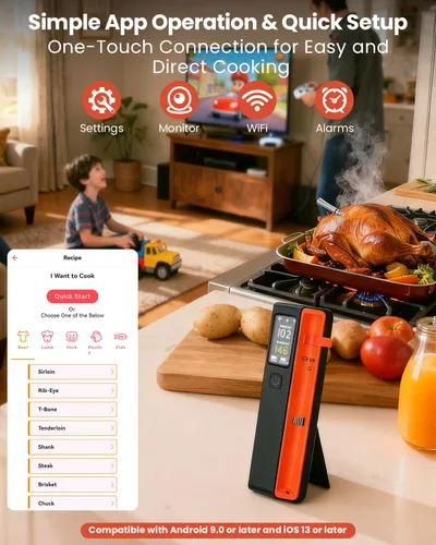 Vista 3 de UNERVER Termómetro inteligente inalámbrico Bluetooth para carne con WiFi, alta precisión ± 0.5 °F, base inteligente, 1 sonda con 6 sensores