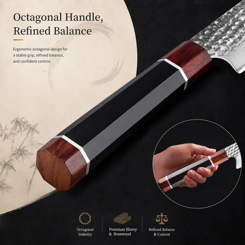 Vista 9 de FINDKING Cuchillo Kiritsuke Serie Prestige con Funda de Nogal, Hoja de Acero Damasco VG10 Japonés, Mango Octagonal de Madera de Ébano, Cuchillo