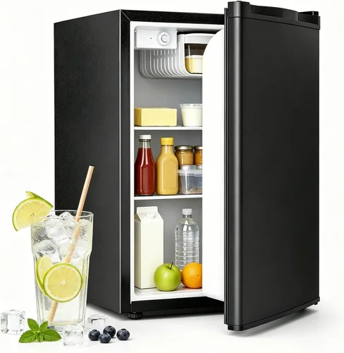 Vista 8 de COWSAR Mini refrigerador de 3.2 pies cúbicos con congelador, refrigerador compacto independiente con puerta reversible y termostato de 7 Negro