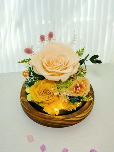 Vista 7 de Flores preservadas para mamá, rosas champán preservadas en cúpula de cristal con luz LED para novia, flores reales eternas para mujeres, regalo