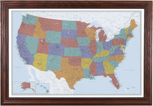 Vista 16 de Push Pin Travel Maps Lienzo personalizado Blue Oceans USA con marco gris de madera de granero