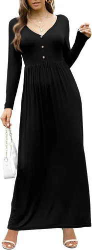 Vista 3 de GRECERELLE Vestido de manga larga con cuello en V para mujer, estilo casual, con botones, maxi, 2025, con bolsillos 01 Negro