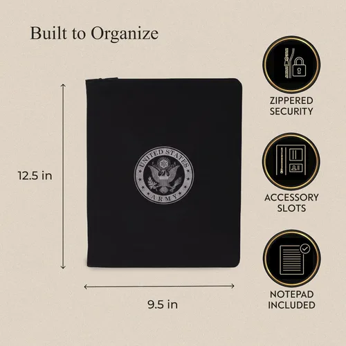 Vista 3 de Bey-Berk U.S. Army Seal - Portafolio con cremallera (negro), organizador de cartera tamaño carta con sello del ejército de los Estados Unidos y bloc
