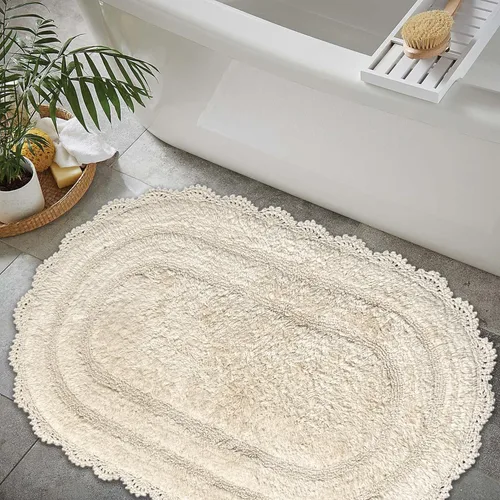 Vista 17 de Chardin home Alfombra de baño de ganchillo beige, alfombra de baño ovalada 100% algodón con borde de ganchillo artesanal hecho a mano, alfombra
