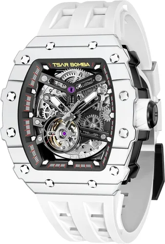 Vista 30 de Tsar Bomba Men's Automatic Watch Tonneau Luxury Skeleton Watch for Men Mechanical 50M Waterproof Wristwatch Gift for Men 08tc-whi