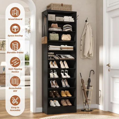 Vista 3 de Aheaplus Armario alto para zapatos, zapatero estrecho de madera de 10 niveles, organizador de almacenamiento de zapatos con almacenamiento abierto