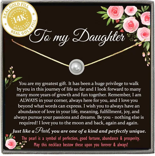 Vista 32 de Collar de hija relleno de oro de mamá o papá, collar clásico de perlas blancas con mensaje significativo, listo para regalar