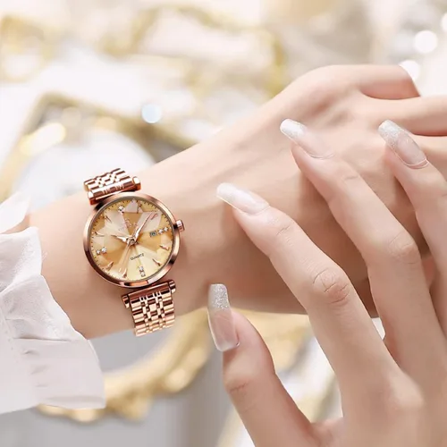 Vista 2 de OLEVS Reloj de mujer con diamantes de lujo, reloj de pulsera de oro rosa, de acero inoxidable, luminoso, impermeable, con fecha