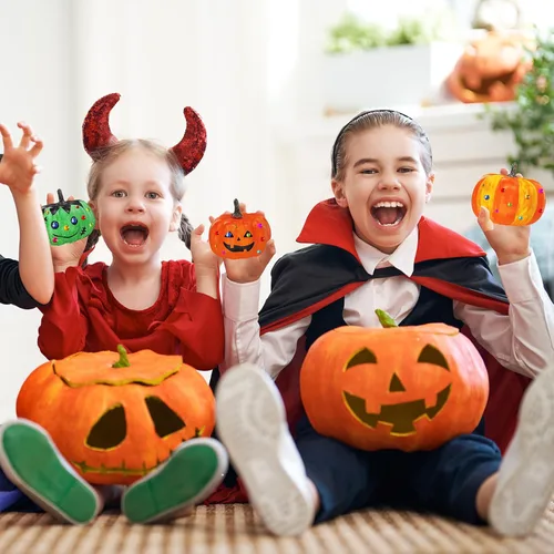 Vista 5 de Winlyn 8 juegos de pintura de calabaza de 4 pulgadas, manualidades de otoño, pintar tus propias calabazas de Halloween, calabazas de espuma blanca