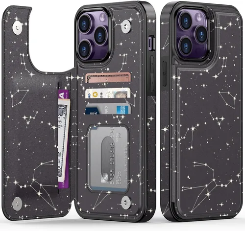Vista 21 de LETO para iPhone 15 Pro Funda tipo cartera - Tapa tipo folio con patada - Diseños de moda - Tarjetero - Funda protectora para mujeres y niñas - 6.1