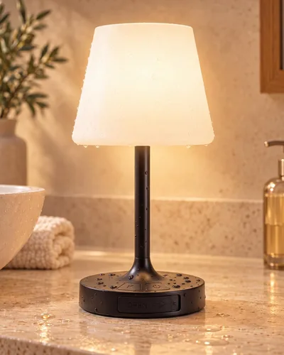 Vista 10 de GEEZO Lámpara de ducha IP55 impermeable, pequeña lámpara de mesa recargable inalámbrica de 5000 mAh, funciona con pilas, lámpara táctil regulable