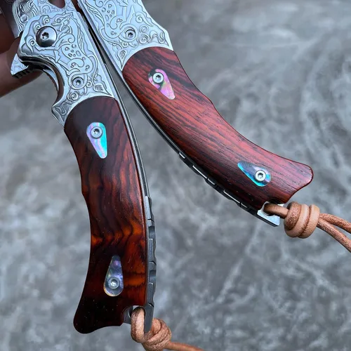Vista 9 de Cuchillo hecho a mano japonés VG10 Damasco acero plegable cuchillo, mango de bloqueo de revestimiento de palisandro, cuchillos de bolsillo EDC