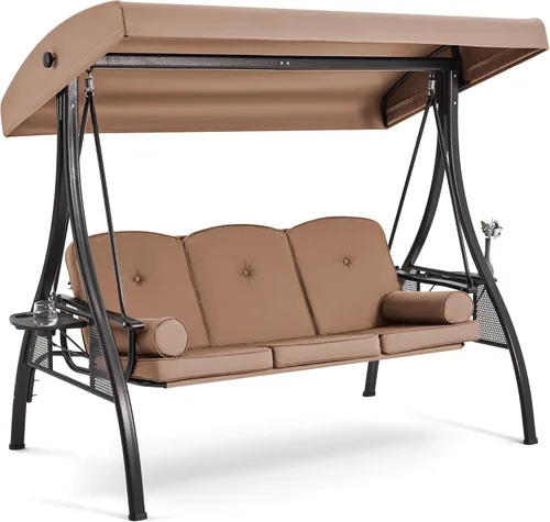 Vista 13 de HOMREST Columpio para porche al aire libre para 3 personas con portavasos mejorado de 1.5 pulgadas, toldo ajustable, respaldo, cama columpio