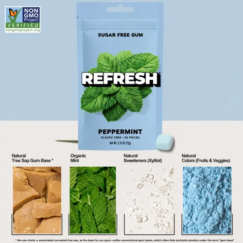 Vista 3 de Refresh Gum Peppermint, goma de mascar de xilitol natural sin azúcar, 45