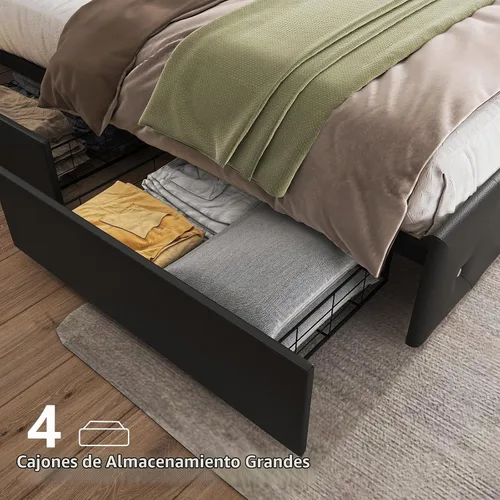 Vista 5 de Benevika Base de cama de tamaño completo con 4 cajones y estación de carga, cama tapizada de cuero PU con cabecera LED ajustable, soporte de Negro