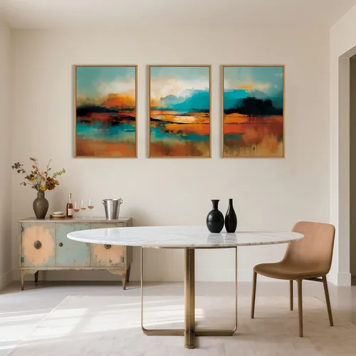 Vista 4 de Lienzo decorativo abstracto grande con marco naranja quemado, decoración de pared azul neutro y negro, arte moderno con pinceladas, impresión
