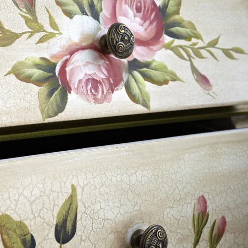 Vista 2 de Nearly Natural Mesita de noche antigua con mesita de noche de arte floral, beige/rosa/dorado, 23 x 14.5 x 34.5 pulgadas