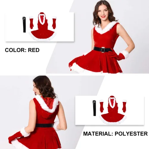 Vista 9 de KESYOO 3pcs rojo traje de Navidad mujeres traje de Papá Noel vestido de Navidad Cosplay Claus Santa traje con guantes cinturón para la etapa