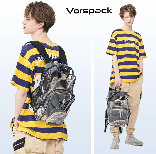 Vista 5 de Vorspack Mochila transparente resistente - Mochila transparente de PVC grande para libros para trabajo universitario