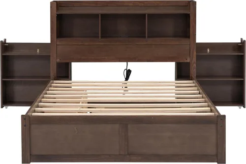 Vista 6 de Bellemave Base de cama matrimonial con cabecera de almacenamiento con estación de carga, plataforma de madera con nido, estantes extraíbles