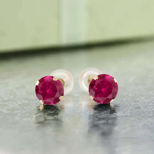 Vista 3 de Gem Stone King Aretes de tuerca de oro amarillo de 14 quilates con rubí rojo para mujer (1.20 quilates redondo de 0.197 in), Metal Gema, Rubí