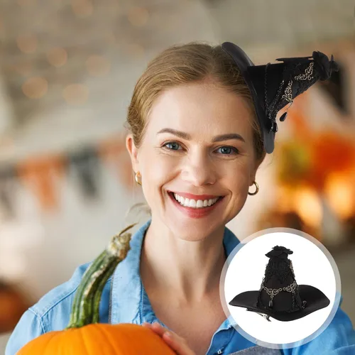 Vista 3 de Luxshiny - Sombrero de bruja gótico, sombrero de bruja gótico, decoración de borla de rosa gótica, clip para el cabello, accesorios para el cabello