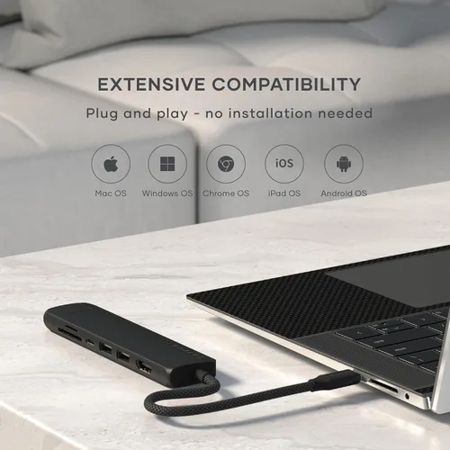 Vista 8 de Satechi Adaptador multipuerto USB C 7 en 1 con Ethernet, HDMI 4K a 60Hz, carga PD de 100 W, 2 puertos de datos USB-A, lectores de tarjetas Micro/SD