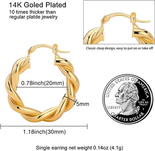 Vista 5 de Aretes de aro de oro trenzado para mujer, gruesos, gruesos, ligeros, hipoalergénicos