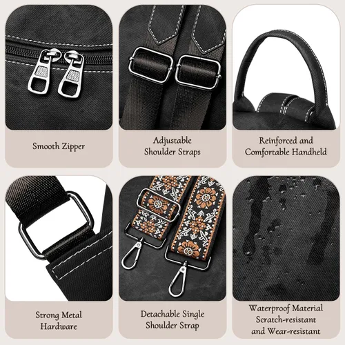 Vista 6 de Mochila para mujer, mochila impermeable de piel sintética, ligera, a la moda, multiusos, convertible, mochila de viaje, bolso de hombro, color negro