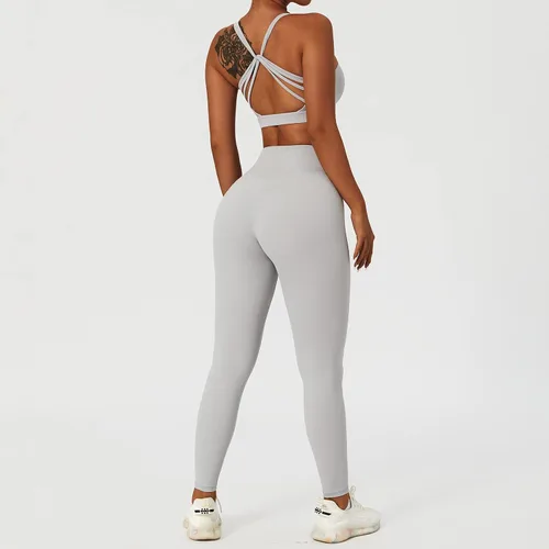 Vista 6 de ABOCIW Conjuntos de entrenamiento para mujer, 2 piezas, cintura cruzada, leggings de cintura alta, tirantes deportivos, para ejercicio, gimnasio