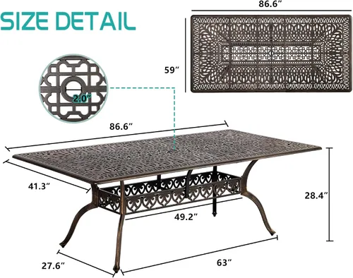 Vista 3 de TITIMO Mesa de comedor de 87 pulgadas, mesa de comedor rectangular de aluminio fundido para exteriores, mesa resistente a la intemperie con agujero