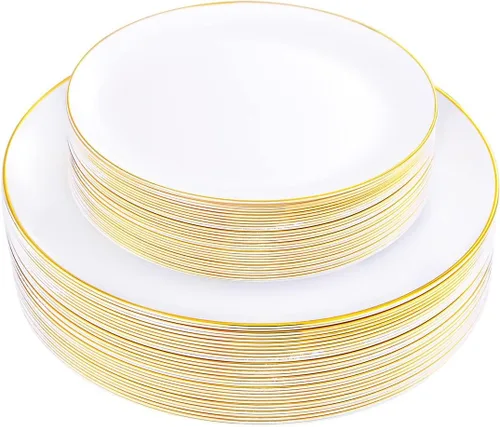 Vista 19 de KIRE 60 platos de plástico negro, platos desechables negros con borde dorado para fiesta de Halloween/graduación, incluye 30 unidades de 10.25