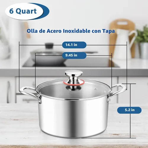 Vista 2 de E-far Olla de 6 Cuartos, Olla de Cocina de Acero Inoxidable de Tres Capas con Tapa de Vidrio y Asas Remachadas, Olla de Metal para Pasta y Sopa