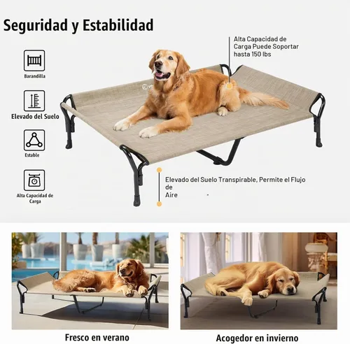 Vista 6 de Veehoo Cama elevada refrescante para perros, cuna elevada XL para mascotas con barandilla y reposacabezas inclinado, malla Teslin transpirable beige