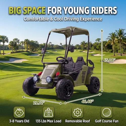 Vista 6 de Hikole Carrito de golf para niños de 36 V, auto de 2 plazas con control remoto y toldo, 4WD Verde militar