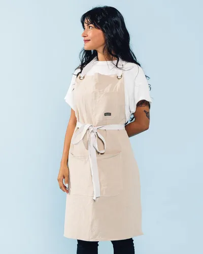 Vista 2 de Delantal de cocina de lino Caldo para cocinar - Delantal con peto de lino para hombres y mujeres para chef profesional, camarero o barista - Hueso