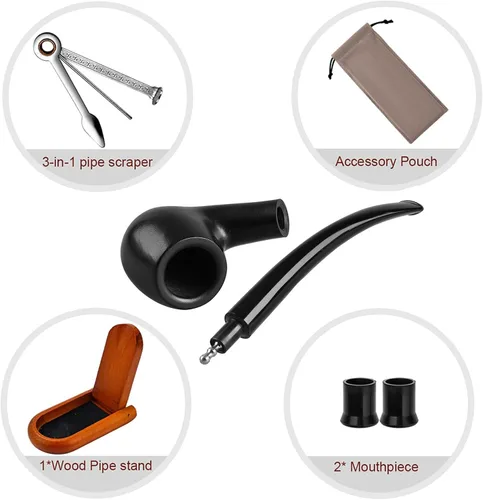 Vista 16 de Joyoldelf Pipa de tabaco, pipa de madera de lujo para fumar con soporte para pipa, tubos de tabaco de ébano para fumar con raspador de pipa, caja