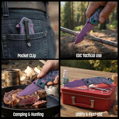 Vista 7 de SZCO Supplies 300586-PU Flying Dragon Assisted Open Rescue Utility Cuchillo Púrpura