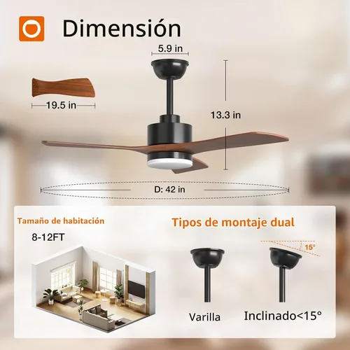Vista 3 de addlon Ventiladores de techo de madera maciza de 42 pulgadas con luces