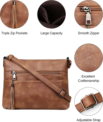 Vista 5 de MASINTOR Bolsos cruzados para mujer, bolso cruzado mediano ligero, bolsos de hombro de cuero suave para mujer con borla