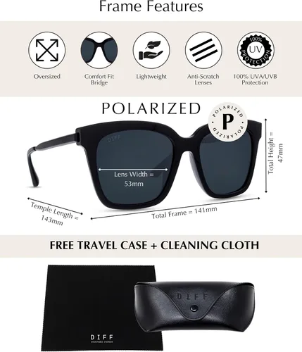 Vista 3 de DIFF Bella Designer Oversized Square Sunglasses for Women UV400 Polarized Protection Black Frame