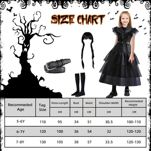 Vista 7 de Wednesday Addams Dress for Kids Girls,Addams Family Costumes Halloween Cosplay Party Dress