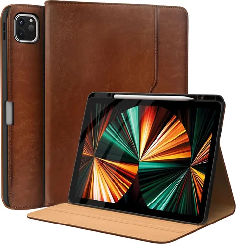 Vista 3 de Fundas de cuero para iPad Pro 12.9, 6ª, 5ª, 4ª y 3ª generación, funda protectora multiángulo con soporte para lápices y bolsillo, función
