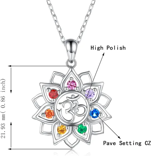 Vista 3 de Chakra Yoga Lotus Flower Necklace 925 Sterling Silver Om Ohm Symbol Crystal Pendant Necklace Spiritual Jewelry Gift for Women Girls